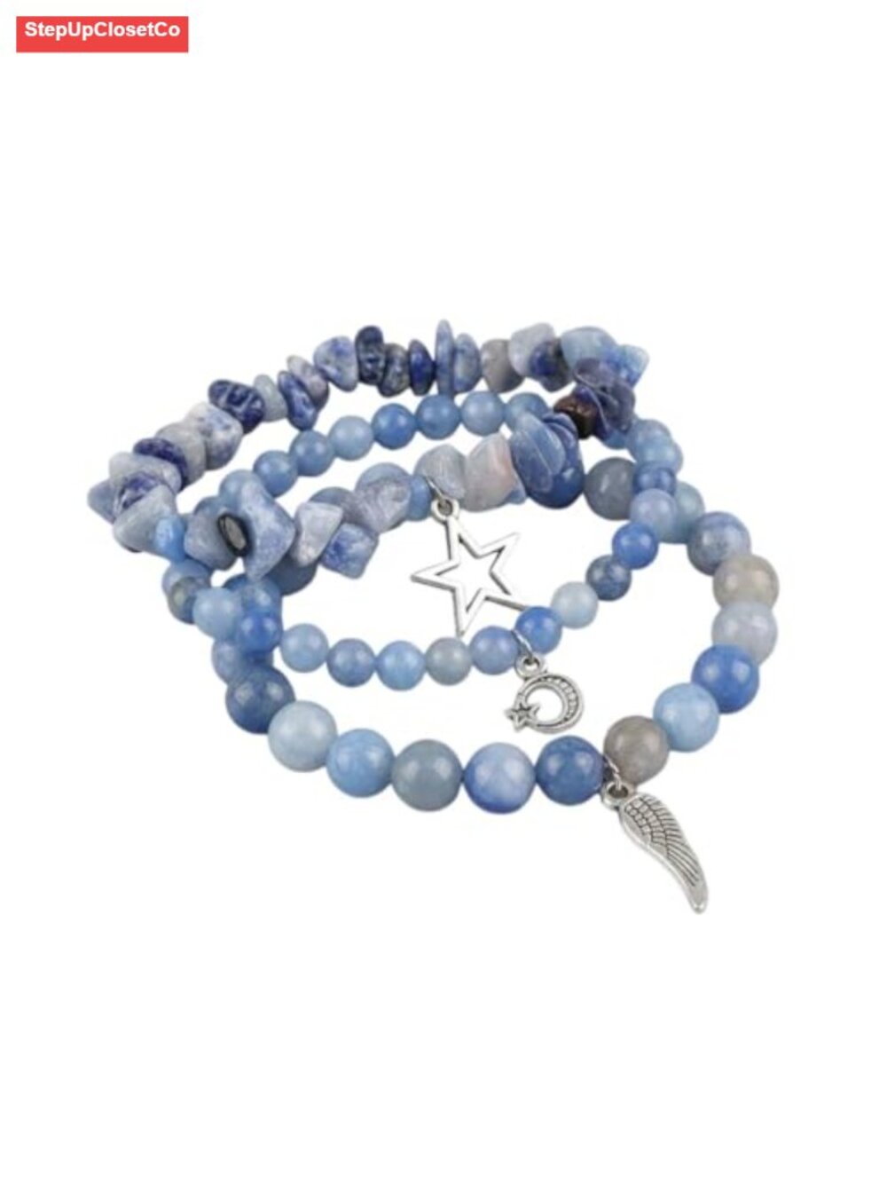 3 Pc Stacking Bracelet Set Handcrafted Crystal Chip Stone Star Moon Wing Charms